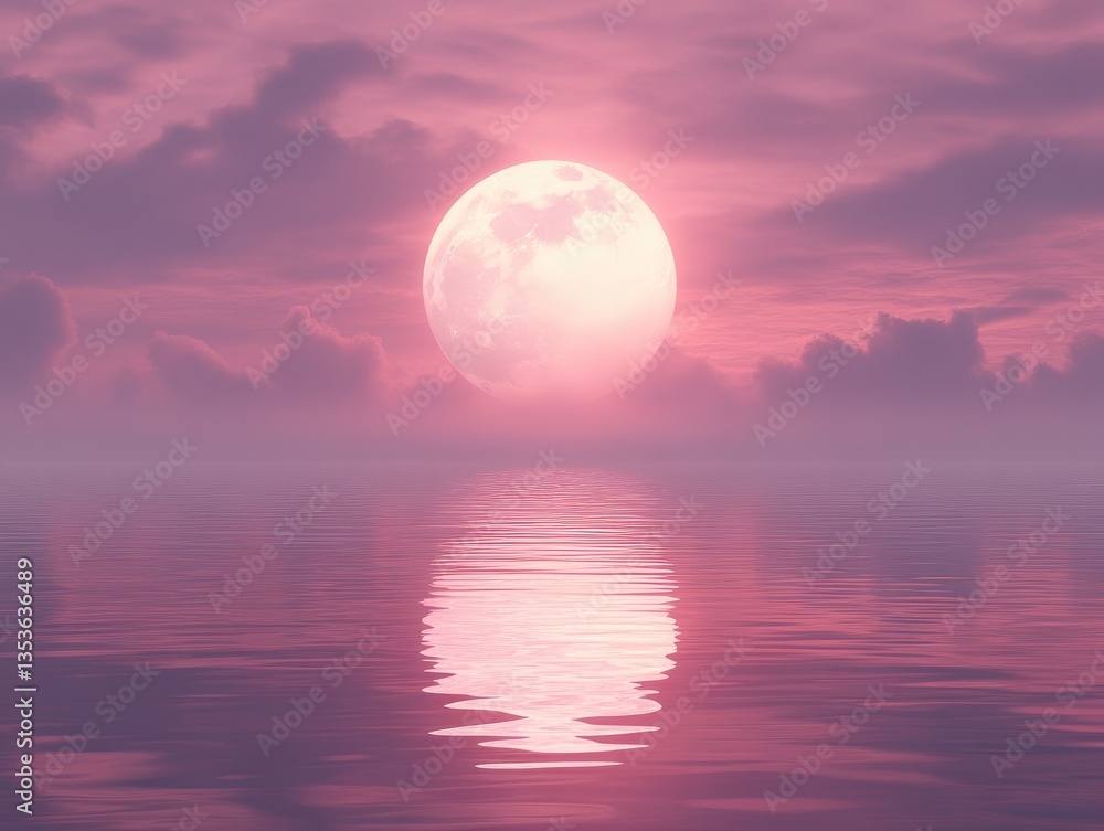 Fototapeta premium Pink Moon Reflects on Calm Water, Serene Night Sky