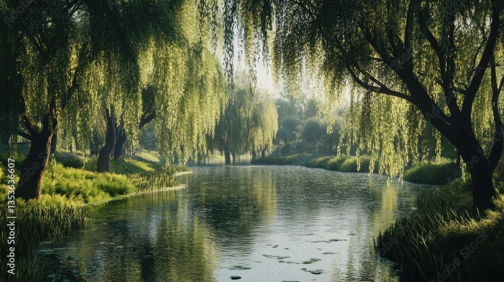 Obraz premium Lush Weeping Willows Reflecting in Calm River Waters on a Serene Day
