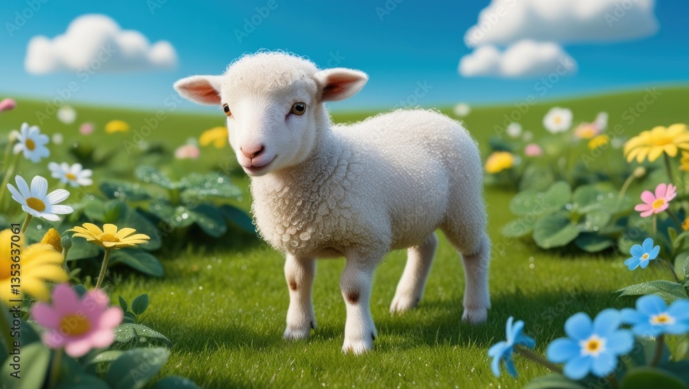 Obraz premium A playful lamb exploring a vibrant flower-filled meadow during a sunny spring afternoon