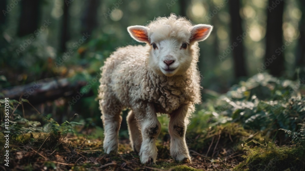 A curious lamb stands alone in a serene forest glade surrounded by lush greenery and dappled sunlight A curious lamb stands alone in a serene forest glade surrounded by lush greenery and dappled sunlight