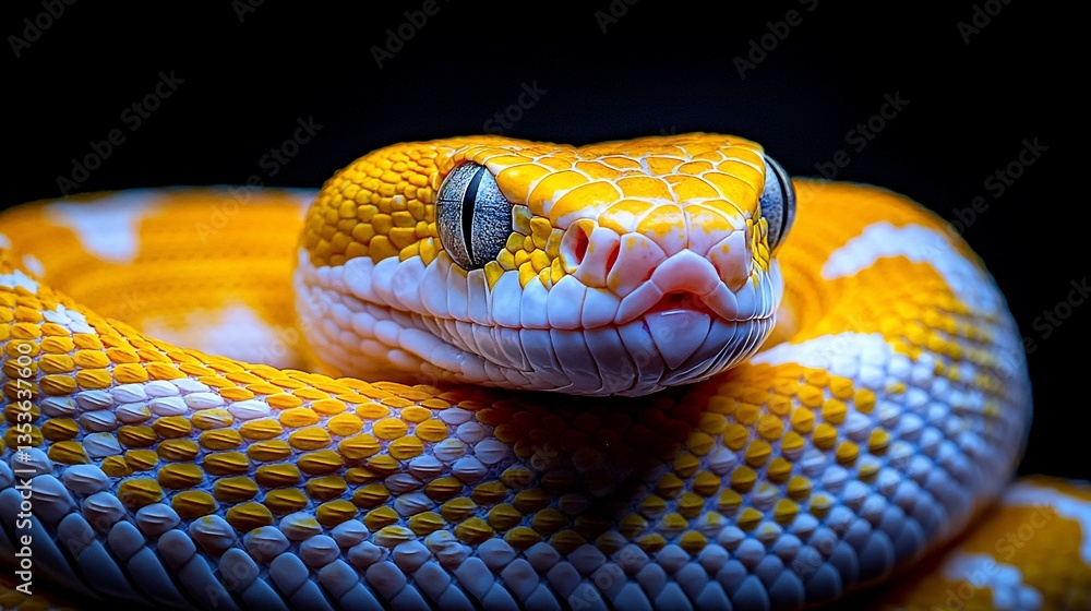 Fototapeta premium Close-up of a vibrant yellow and white snake coiled, against a black background.