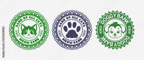 Vector set of fictional graphic seals. Cute cuddly kitten and puppy. Meow and doggy bank. Icon collection. Paw of puss. Animal pet