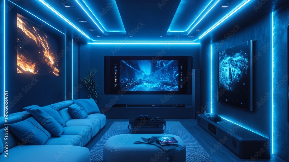 Fototapeta premium Modern Media Room with Large Displays Glowing with Fiery and Ethereal Content Relaxation Zone