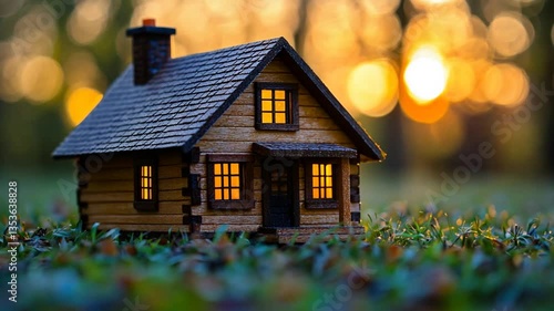 Wallpaper Mural Miniature log cabin at sunset,  peaceful rural scene,  perfect for home decor, or background for a family photo Torontodigital.ca