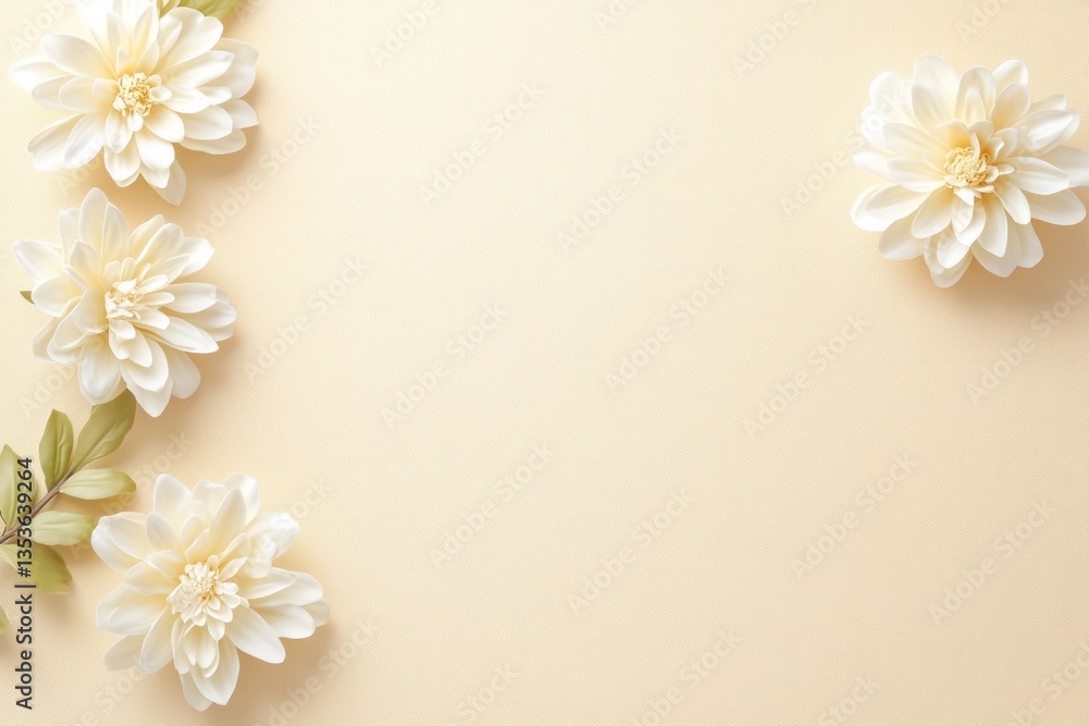 Naklejka premium Delicate white dahlia flowers are arranged against a beige background