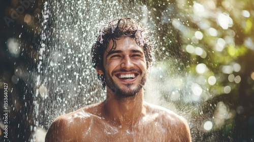 Young man enjoying a refreshing shower outdoors, surrounded by nature and soft sunlight filtering through trees