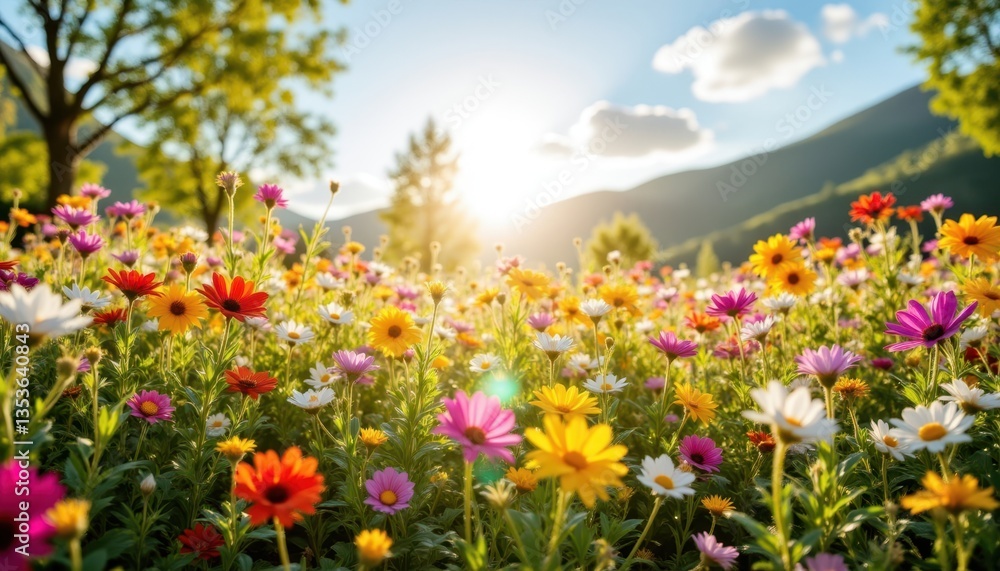 Wildflower Garden Create a lively garden scene filled with colorful wildflowers basking in the sun, with the bright, shining sun positioned low in the sky Wildflower Garden Create a lively garden scene filled with colorful wildflowers basking in the sun, with the bright, shining sun positioned low in the sky