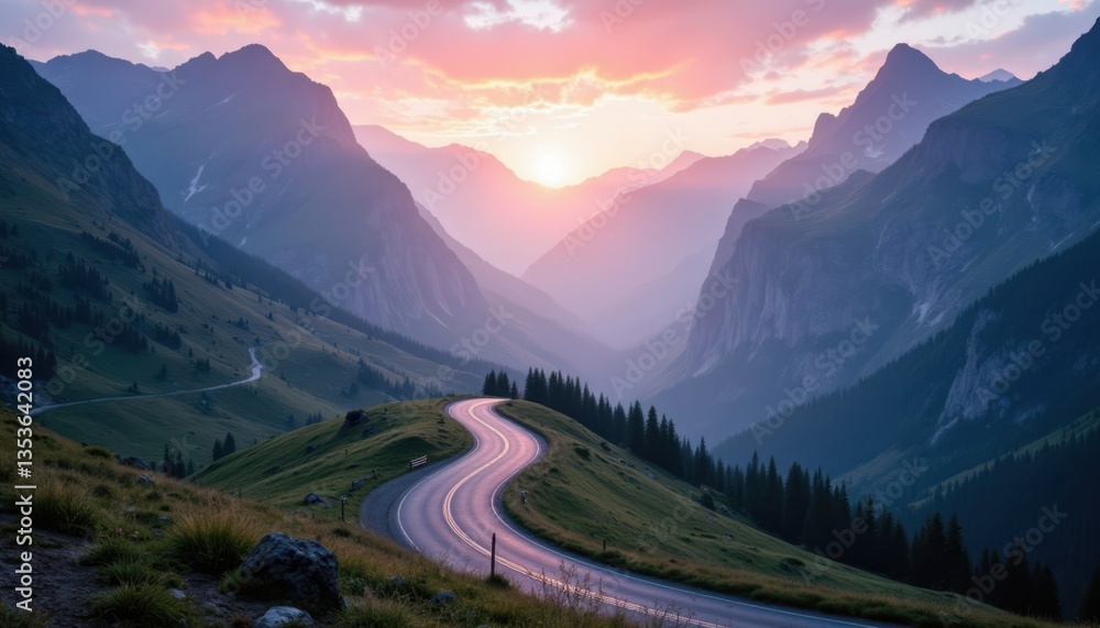 Fototapeta premium Mystical Mountain Pass Design a breathtaking image of a mountain pass road at sunrise, shrouded in mist