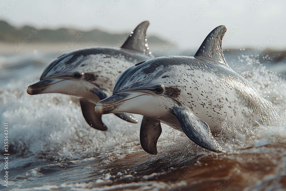 Fototapeta premium Dolphins Leap, Ocean Waves Crash, Wildlife Beauty