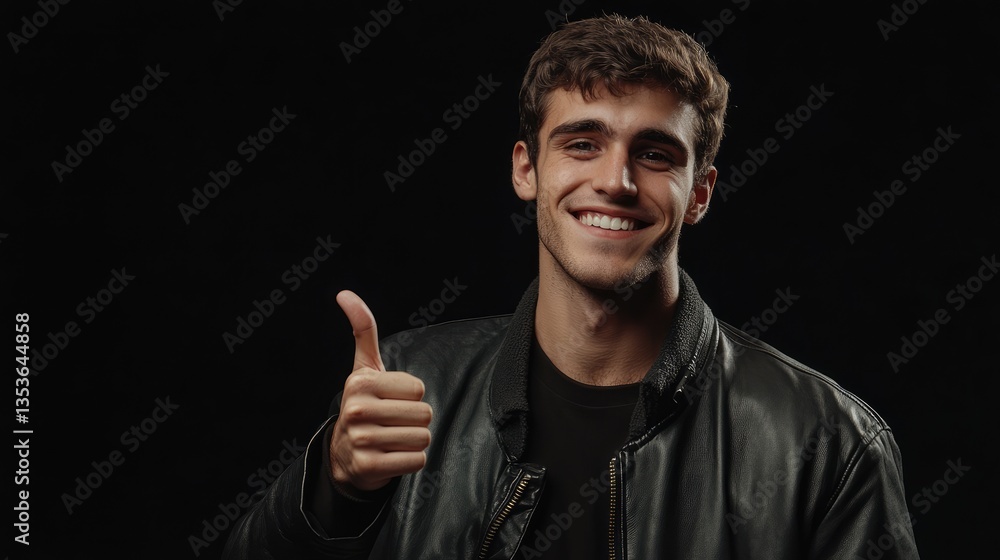 Smiling young man giving a thumbs-up gesture against a dark background, conveying positivity and confidence Smiling young man giving a thumbs-up gesture against a dark background, conveying positivity and confidence