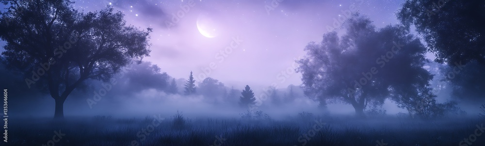 Naklejka premium Serene nighttime landscape with trees under a glowing moon and starry sky.