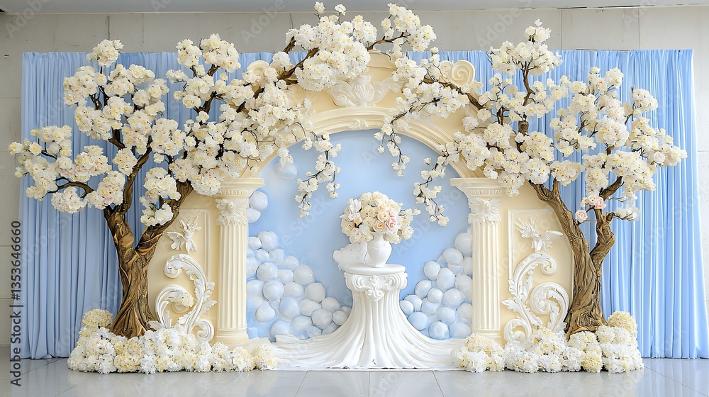 Naklejka premium Elegant Floral Decoration with White Flowers and Archway for Event Setup in Bright Light