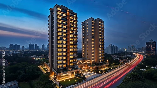 Modern apartment towers at twilight, city skyline in background, architectural design, urban landscape