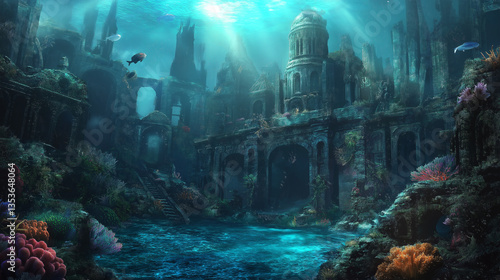 Mystical Underwater Ruins with Coral Reefs