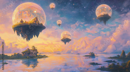 Pastel Fantasy World with Floating Planets
