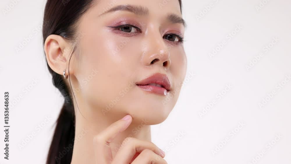 Close up shot of Glamour Asian woman with beauty and healthy glowing skin enjoying skincare. Close up shot of Glamour Asian woman with beauty and healthy glowing skin enjoying skincare.