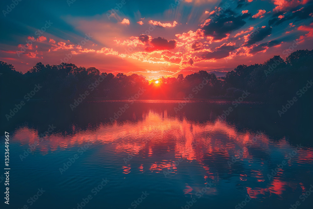 Enchanting Sunset Over Serene Lake Surrounded by Silhouetted Trees Enchanting Sunset Over Serene Lake Surrounded by Silhouetted Trees