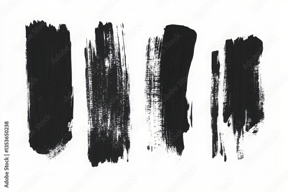Four black brush strokes of varying textures and widths on a bright white background surface space Four black brush strokes of varying textures and widths on a bright white background surface space