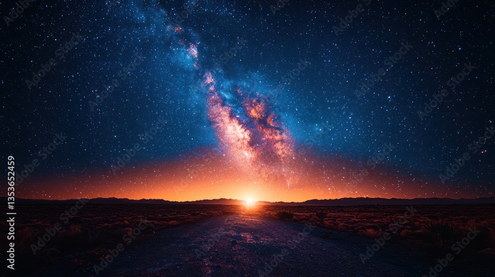 Milky Way over desert road at sunrise