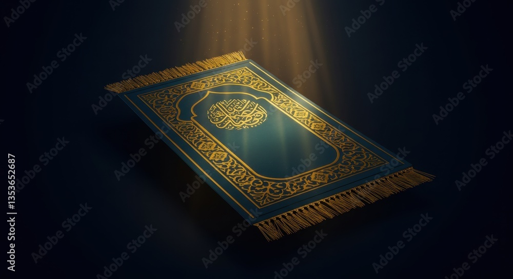 Fototapeta premium Serene Islamic Prayer Mat: Teal and Gold Prayer Rug Under Divine Light