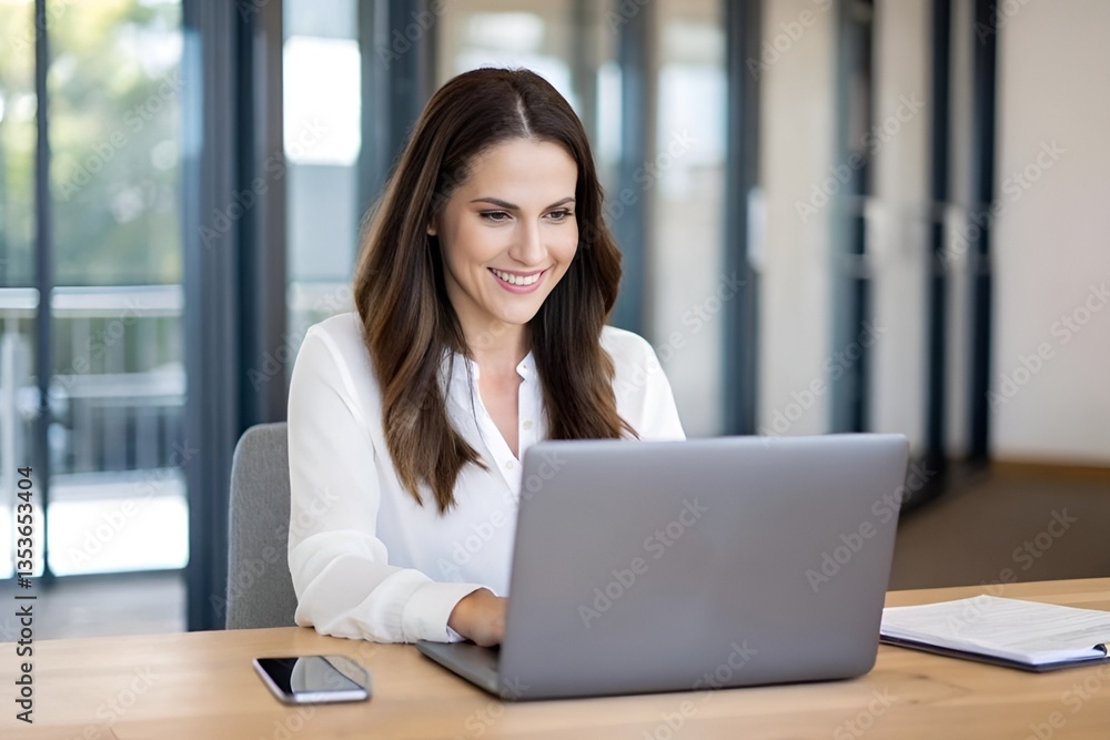 Smiling woman working on laptop in modern office with natural light and greenery Smiling woman working on laptop in modern office with natural light and greenery
