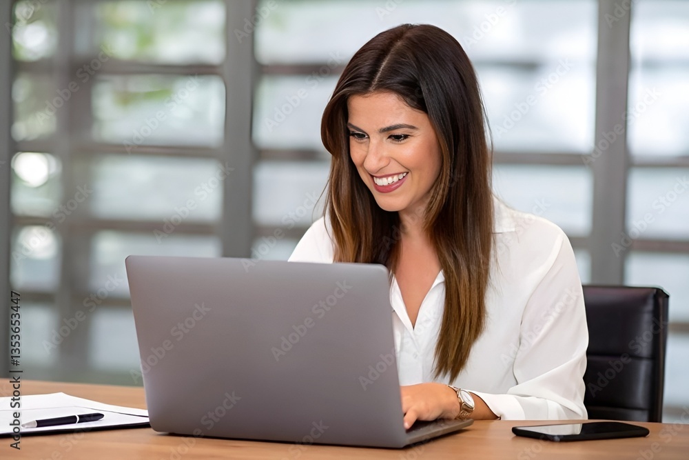 Smiling woman working on laptop in modern office with natural light and greenery Smiling woman working on laptop in modern office with natural light and greenery