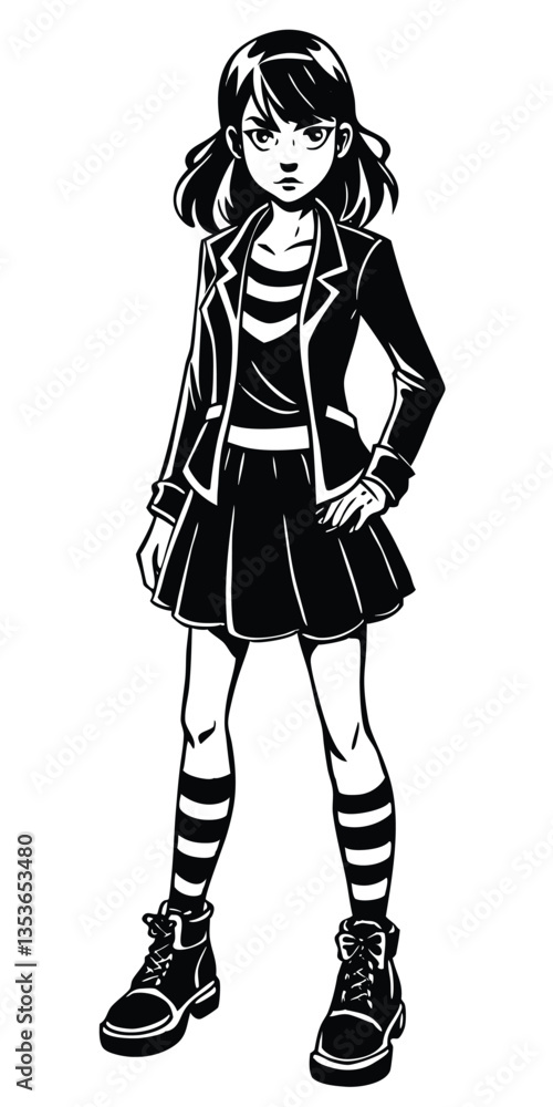Cute little girl cartoon vector illustration graphic design in black and white
