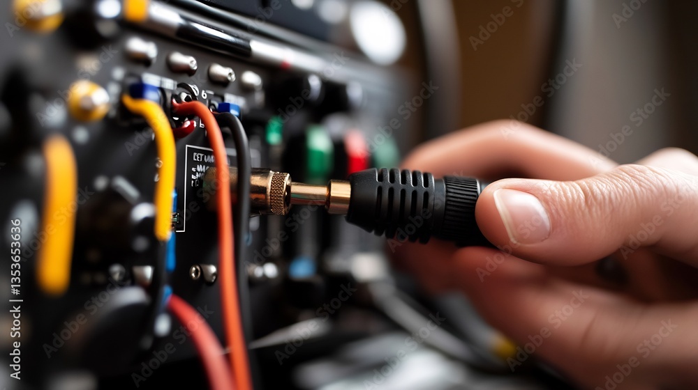 Close-up of a Hand Connecting an Audio Cable to a Mixing Console Close-up of a Hand Connecting an Audio Cable to a Mixing Console