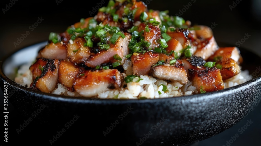 Savory pork rice bowl, topped with crispy pork Savory pork rice bowl, topped with crispy pork