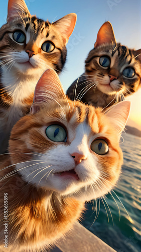 Cat taking a selfie by the sea at sunset.
