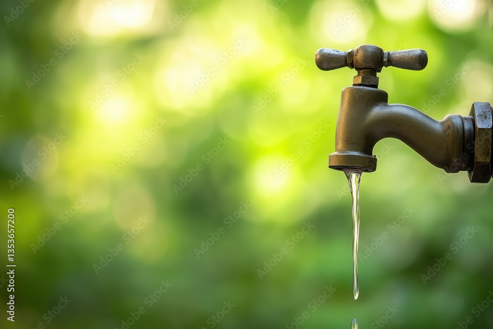 Water Flowing and Dropping from an Old-fashioned Tap Symbolizing World Seamless and Sustainable Environmental Protection Day on Blurred Background Water Flowing and Dropping from an Old-fashioned Tap Symbolizing World Seamless and Sustainable Environmental Protection Day on Blurred Background