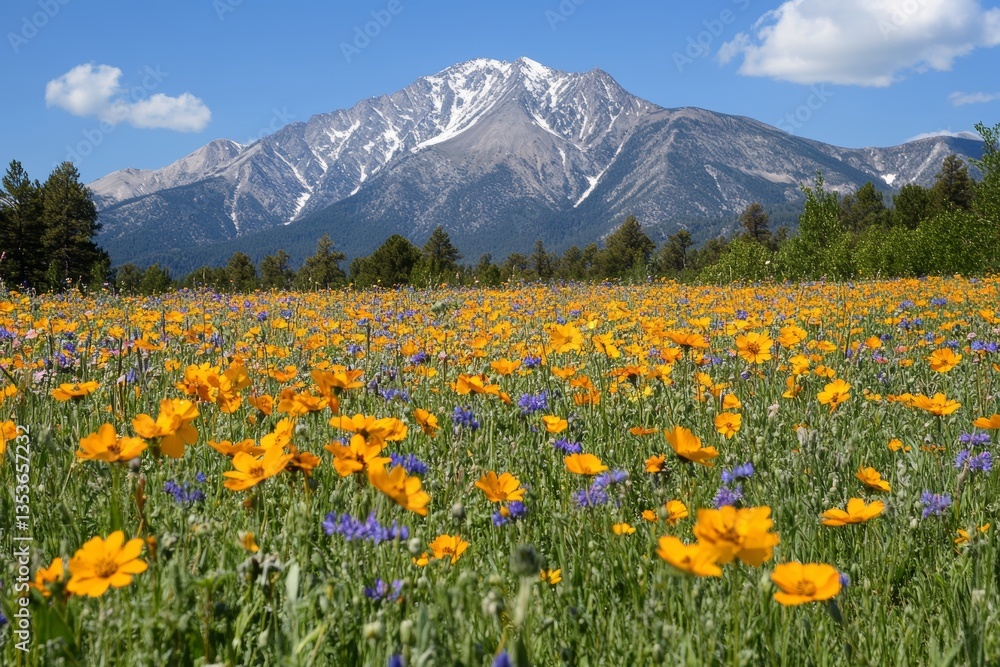 Fototapeta premium Vibrant wildflower meadow filled with yellow and purple flowers, lush green grass, set against bright blue sky, snow-capped mountains. Concept of wildflower meadow with ethereal quality.