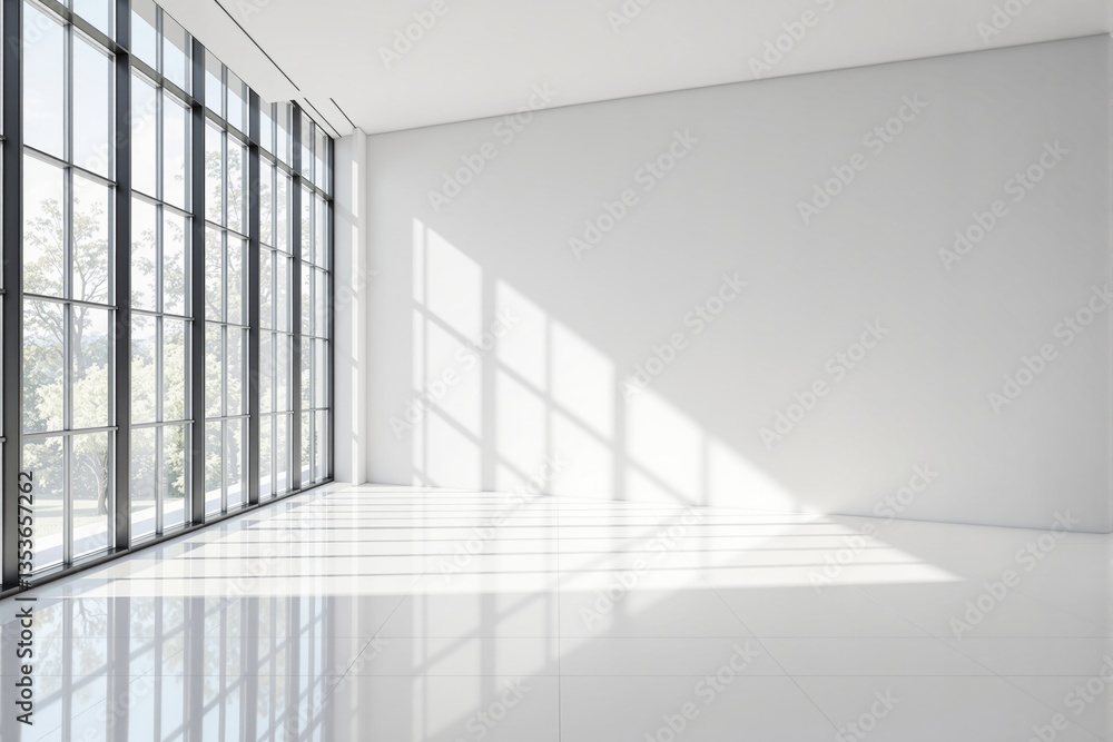 Fototapeta premium Bright empty modern interior with large windows and sunlight reflections on white walls and floor.