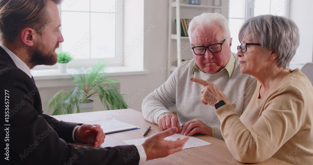 Real estate agent giving help to senior couple in buying new house, explaining terms of contract, purchasing property, sign papers. Elderly woman and man discussing financial matters 