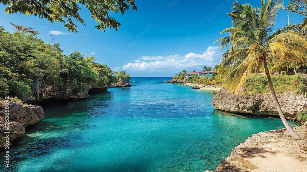 Fototapeta premium Stunning Turquoise Waters and Lush Greenery at a Caribbean Beach Resort