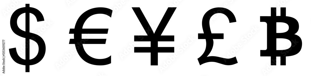 Obraz premium Currency symbols. set of currency symbols dollar, euro, pound, yen, bitcoin. set of currency symbols in vector with white background. Currency, symbols, icons, vector.