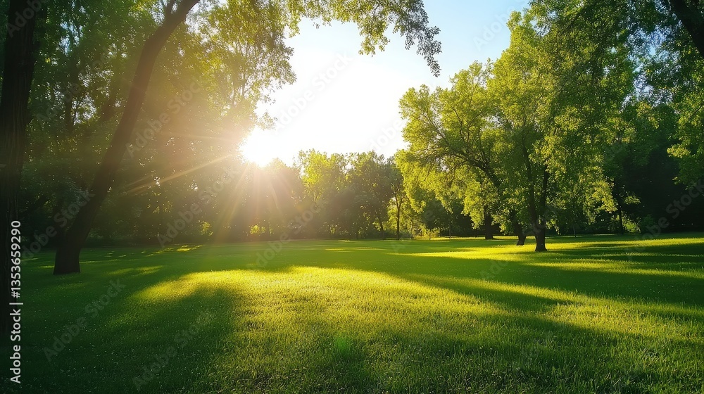 Obraz premium A serene park scene featuring lush green trees, vibrant grass, and sunlight streaming through the branches, creating a peaceful atmosphere.