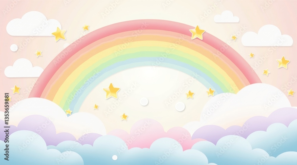 A soft, pastel rainbow arching over fluffy clouds with shining stars, creating a dreamy, whimsical atmosphere. Ideal for backgrounds, children�s themes, and fantasy designs. A soft, pastel rainbow arching over fluffy clouds with shining stars, creating a dreamy, whimsical atmosphere. Ideal for backgrounds, children�s themes, and fantasy designs.
