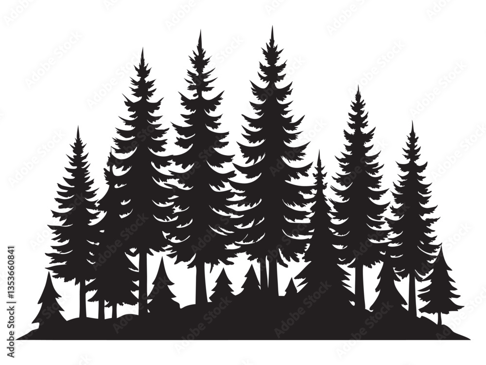 Fototapeta premium pine tree forest silhouette, Fir trees silhouette llustration on white background , black evergreen woods vector illustration, pine wood 