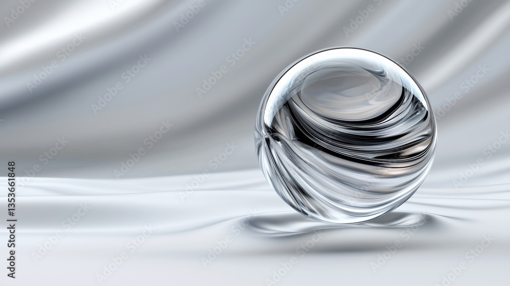 A shiny, reflective sphere with swirling black and white patterns sits on a white surface. A shiny, reflective sphere with swirling black and white patterns sits on a white surface.