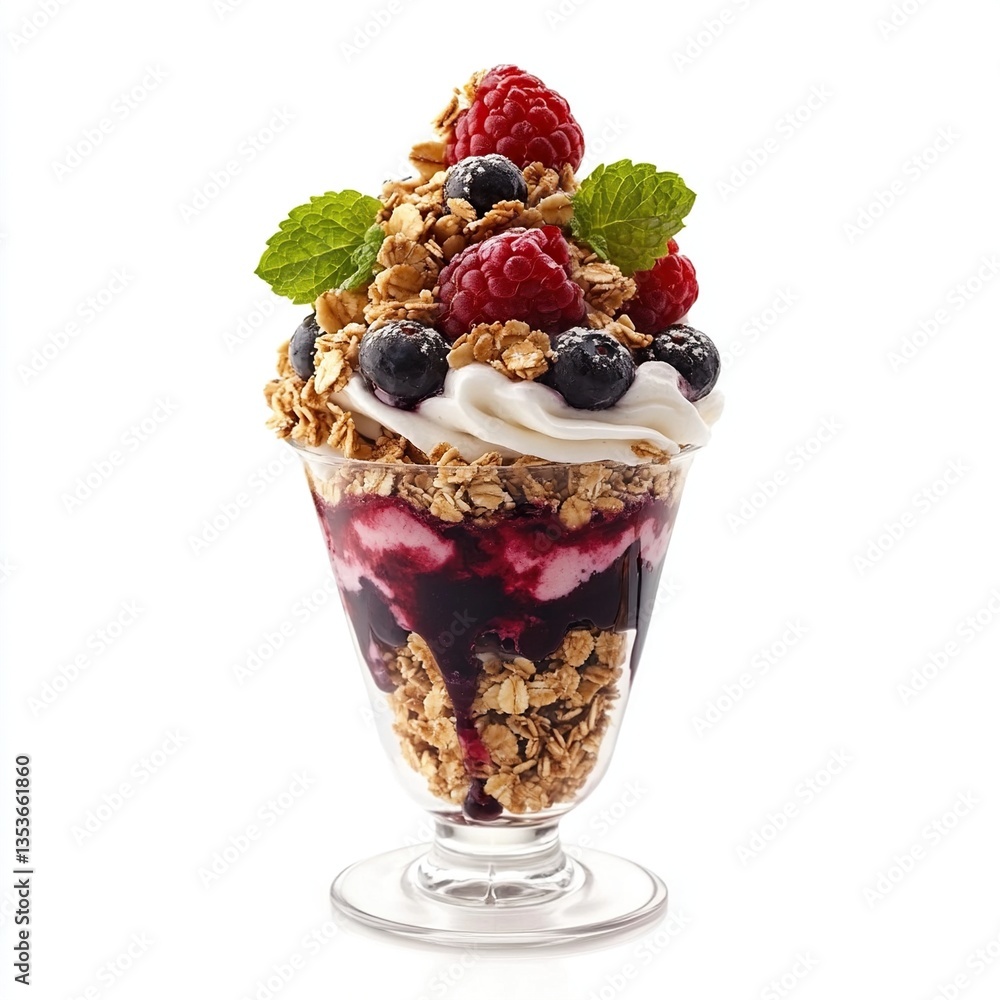 Granola parfait with berries, whipped cream, and berry sauce.