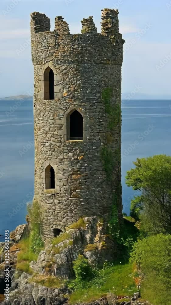 Towering stone structure overlooks tranquil waters of a serene lake in a picturesque natural landscape Towering stone structure overlooks tranquil waters of a serene lake in a picturesque natural landscape