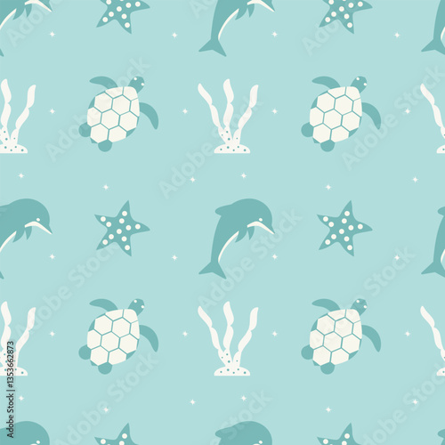  Seamless pattern of the underwater world. Cute dolphins, sea turtles and plants. Children's print for clothes, textiles, wallpaper. Vector flat illustration.