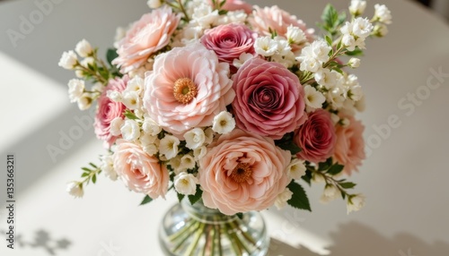 Mixed Floral Bouquet with Soft Shadows Create an elegantly arranged bouquet of real and faux flowers, featuring a mix of sizes and colors