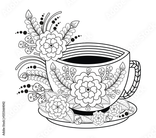 Zentangle Ornamental tea cup with hand drawn doodle flowers. Monochrome contour illustration for greeting, invitation card, adult coloring book.