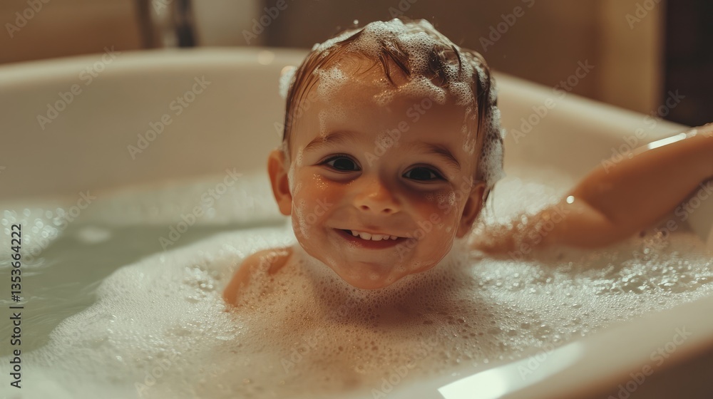 Happy toddler enjoying a bubble bath, surrounded by warm lighting and playful bubbles in a cozy bathroom setting Happy toddler enjoying a bubble bath, surrounded by warm lighting and playful bubbles in a cozy bathroom setting