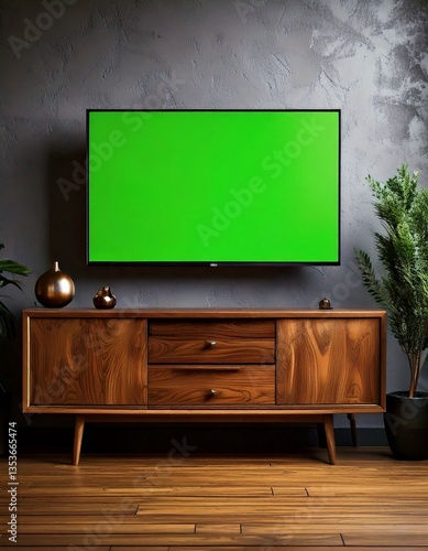 Flat-Screen TV with a Green Screen on a Stylish Wooden Surface
