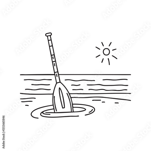 An oar stuck in the sand near the shoreline