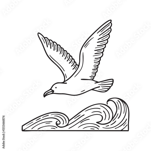 A seagull gliding above the ocean waves