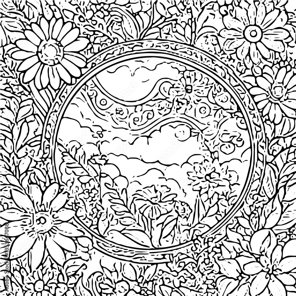 Obraz premium earth day coloring page, black vector background, natural floral 